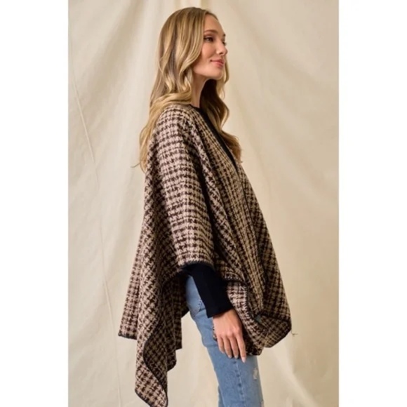 Mocha Brown Houndstooth Knit Shawl Open Poncho Wrap Casual Fall Winter One Size - Picture 3 of 6